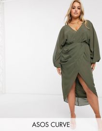 ASOS DESIGN Curve plunge front blouson sleeve midi dress   ASOS at Asos